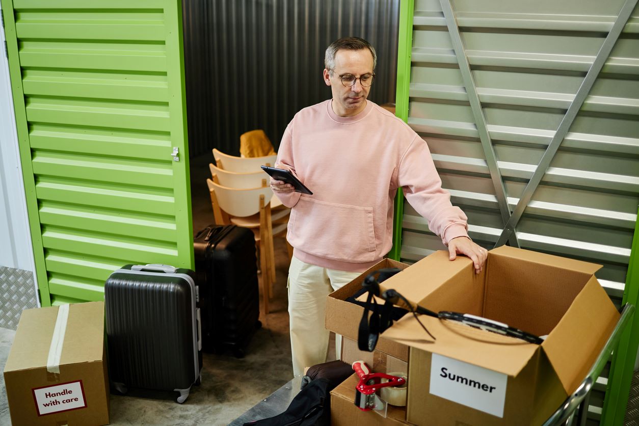 A man organizing cardboard boxes in a storage unit while holding a tablet, standing near luggage and labeled containers, focused on sorting personal belongings.